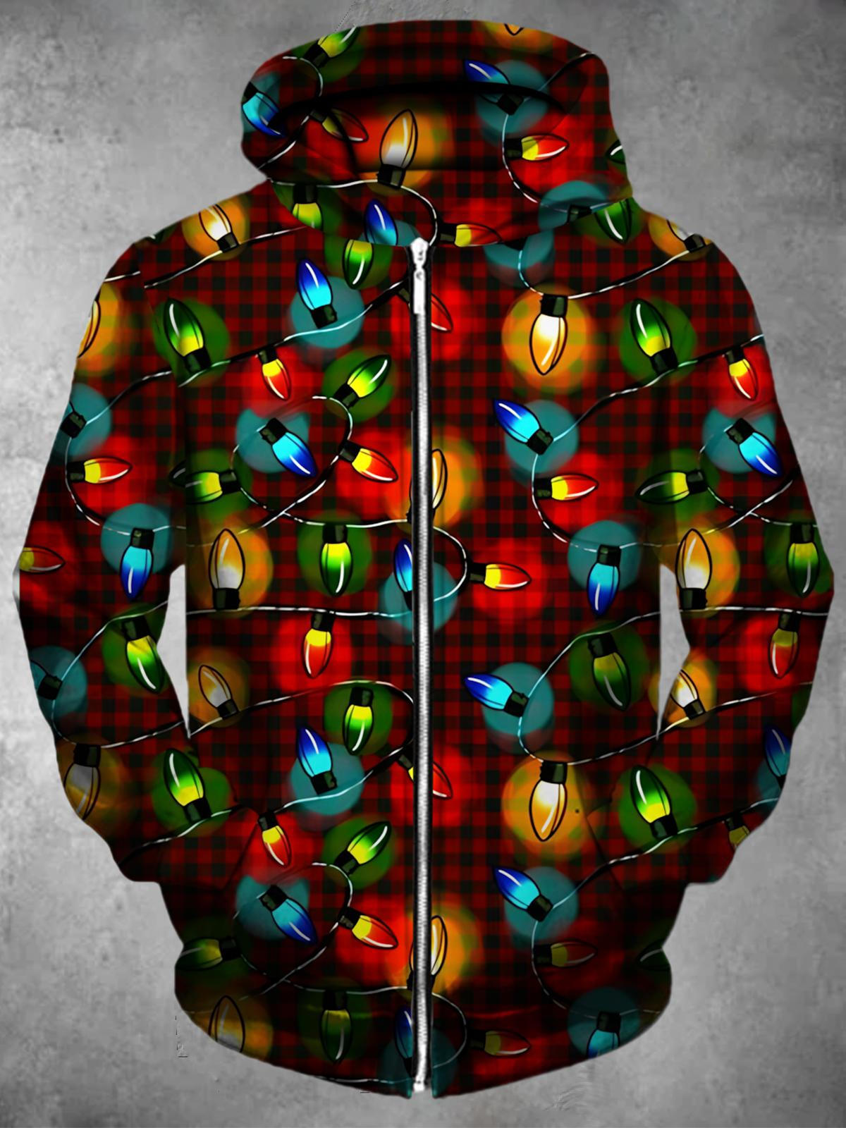 Christmas Plaid Lights Long Sleeve Pocket Men's Zip Up Hoodies