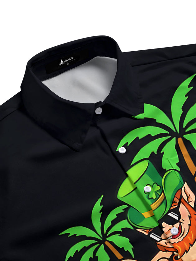 Hawaiian St. Patrick's Day Leprechaun Surfing Print Men's Pocket Short Sleeve Shirts