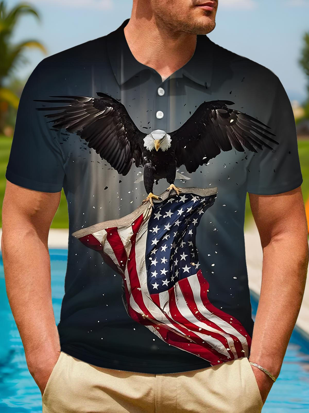 American Flag Eagle Print Men's Short Sleeve Button Polo Shirt
