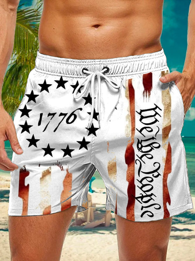Men's American flag print casual shorts front view for Independence Day