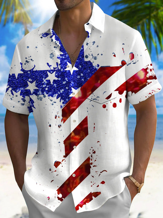 Men's American flag print short sleeve shirt front view for Independence Day