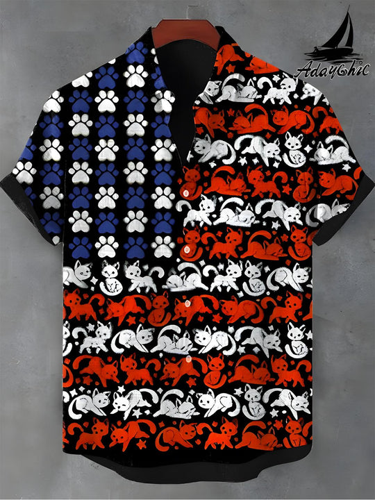 Men's American flag print short sleeve stand collar shirt front view