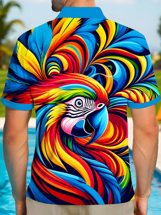 Men's Hawaiian colorful parrot print short sleeve polo shirt back view
