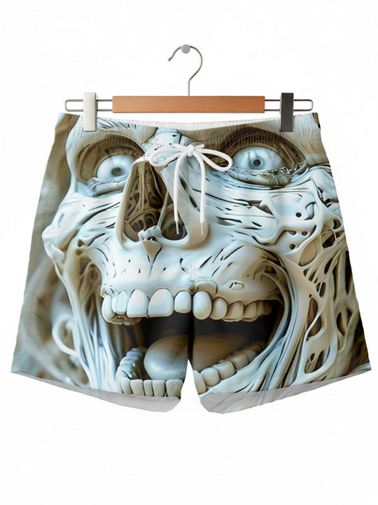 Men's black skull print casual shorts front view Halloween costume