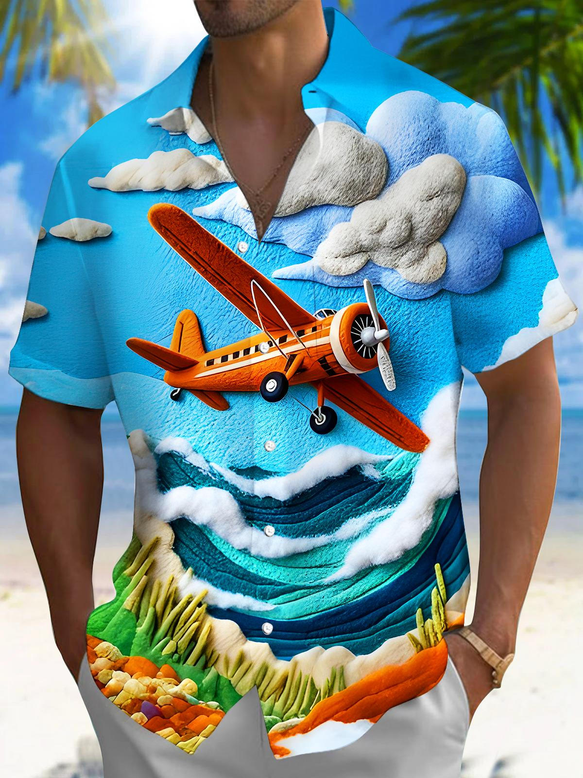 Vintage Airplane Flying Over Colorful Mountains Sea Clouds Men's Pocket Short Sleeve Shirts