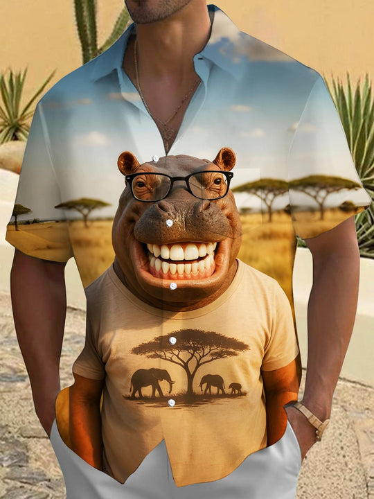 men's funny grinning hippo pocket short sleeve shirt front view