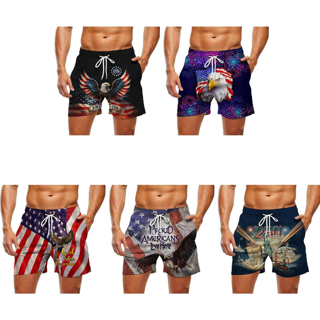 Men red white blue patriotic print board shorts side view for beach wear