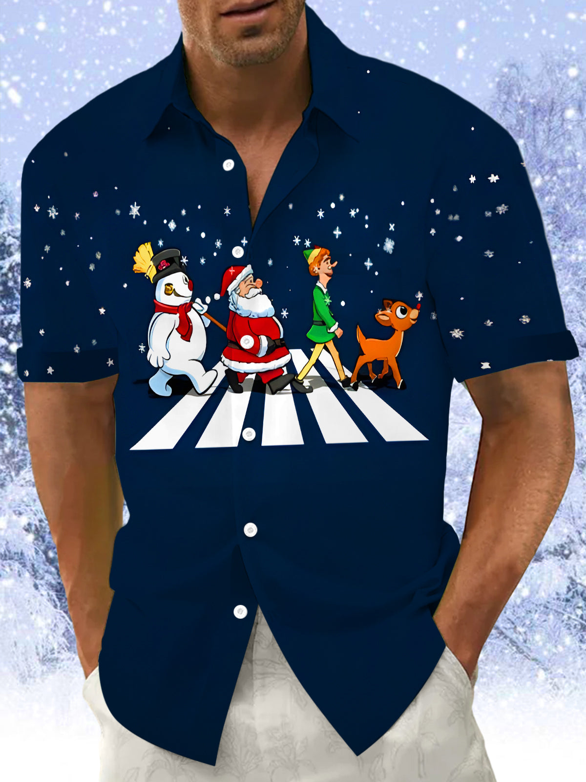 Fun Christmas Snowman Reindeer Santa Claus Crossing Street Xmas Men's Pocket Short Sleeve Shirts