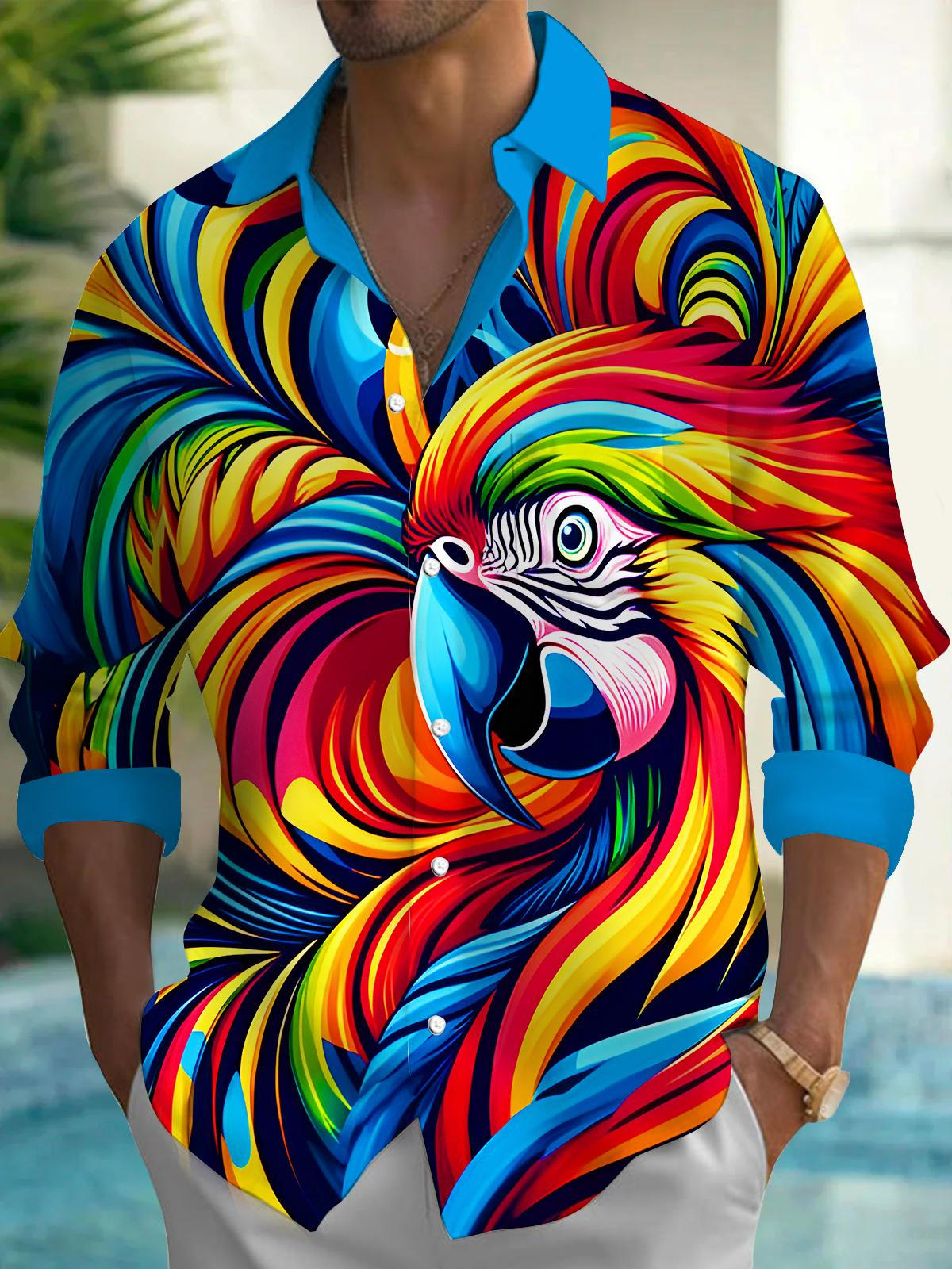 Hawaiian Colorful Parrot Men's Pocket Long Sleeve Shirts