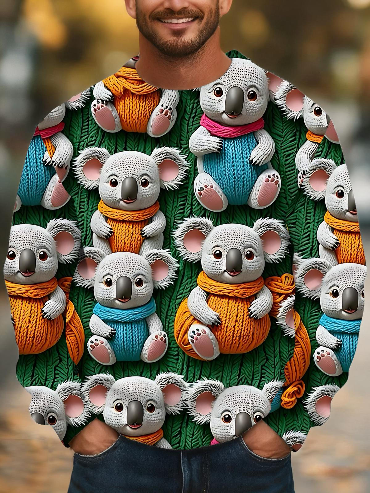 Koala Print Men's Long Sleeve Round Neck Tops