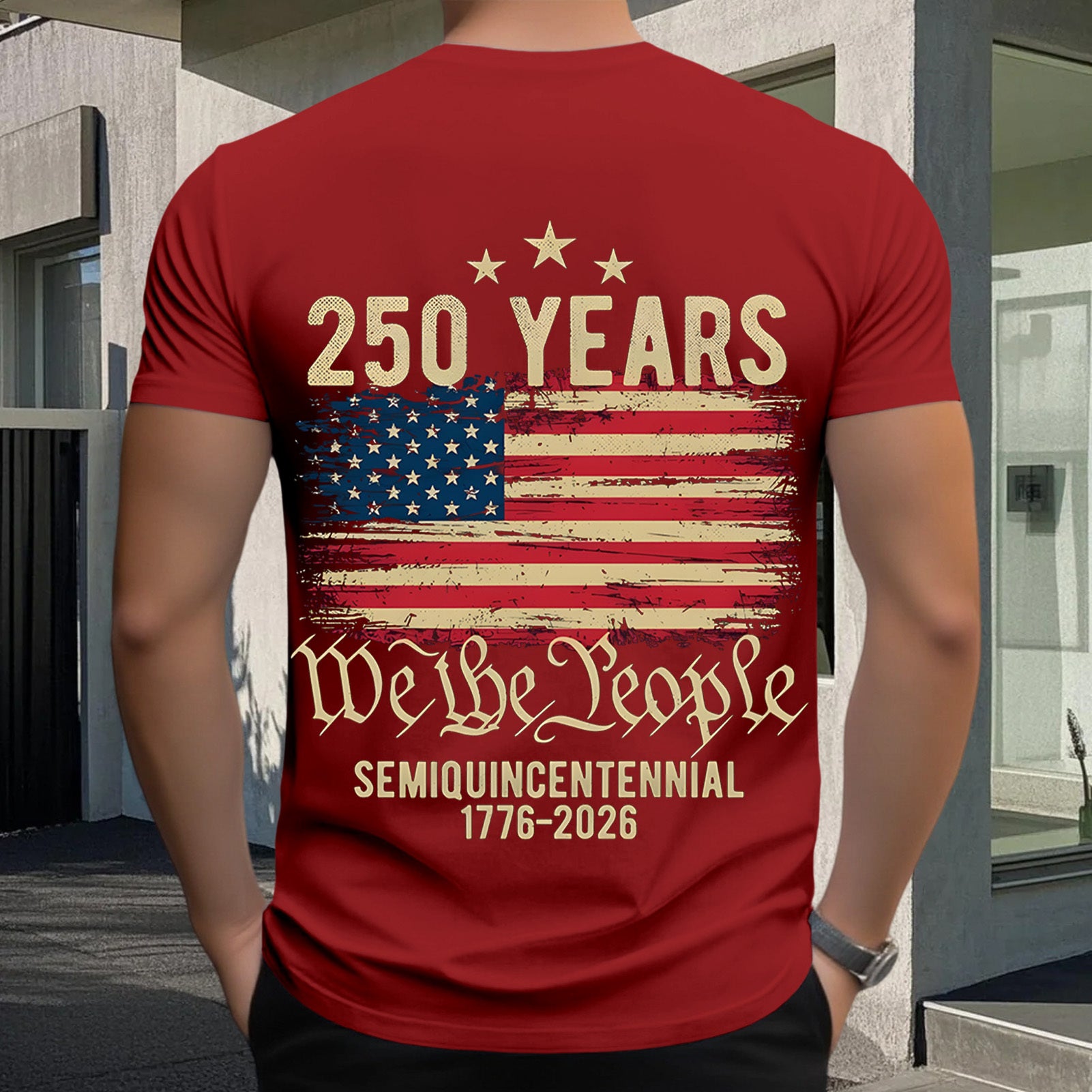 Men everyday American flag print graphic tee lifestyle three-quarter view for Independence Day
