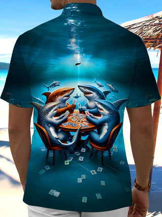 Men's Sharks Playing Poker Short Sleeve Shirt Back View