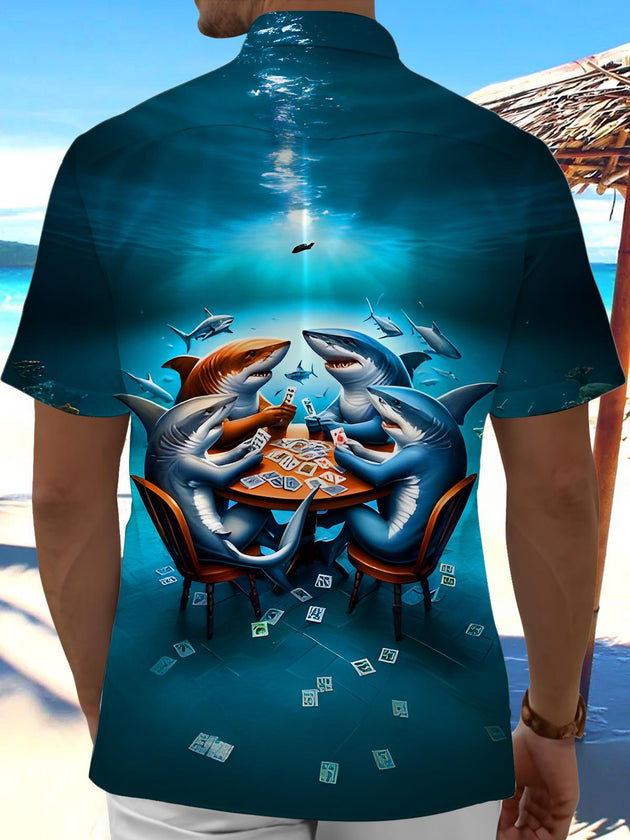 Men's Sharks Playing Poker Short Sleeve Shirt Back View