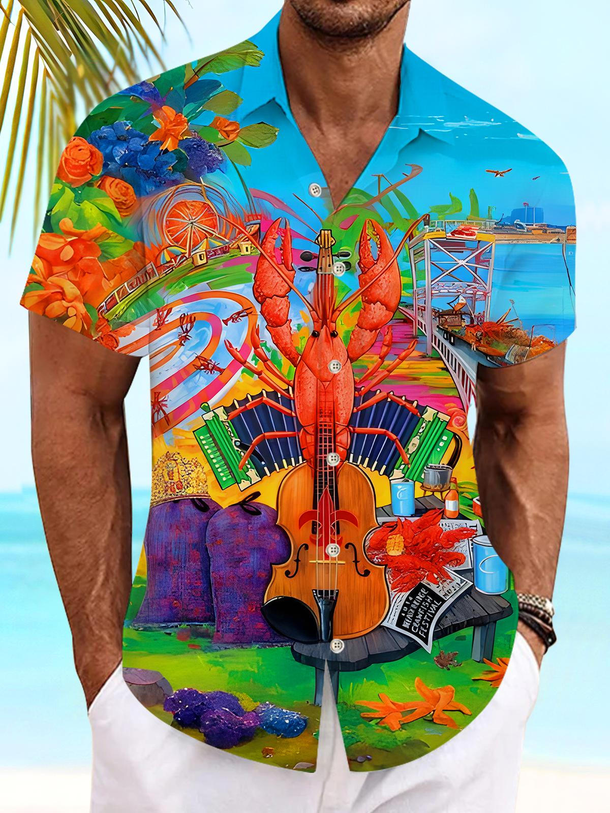 Hawaiian Crawfish Violin Accordion Art Music Men's Pocket Short Sleeve Shirts