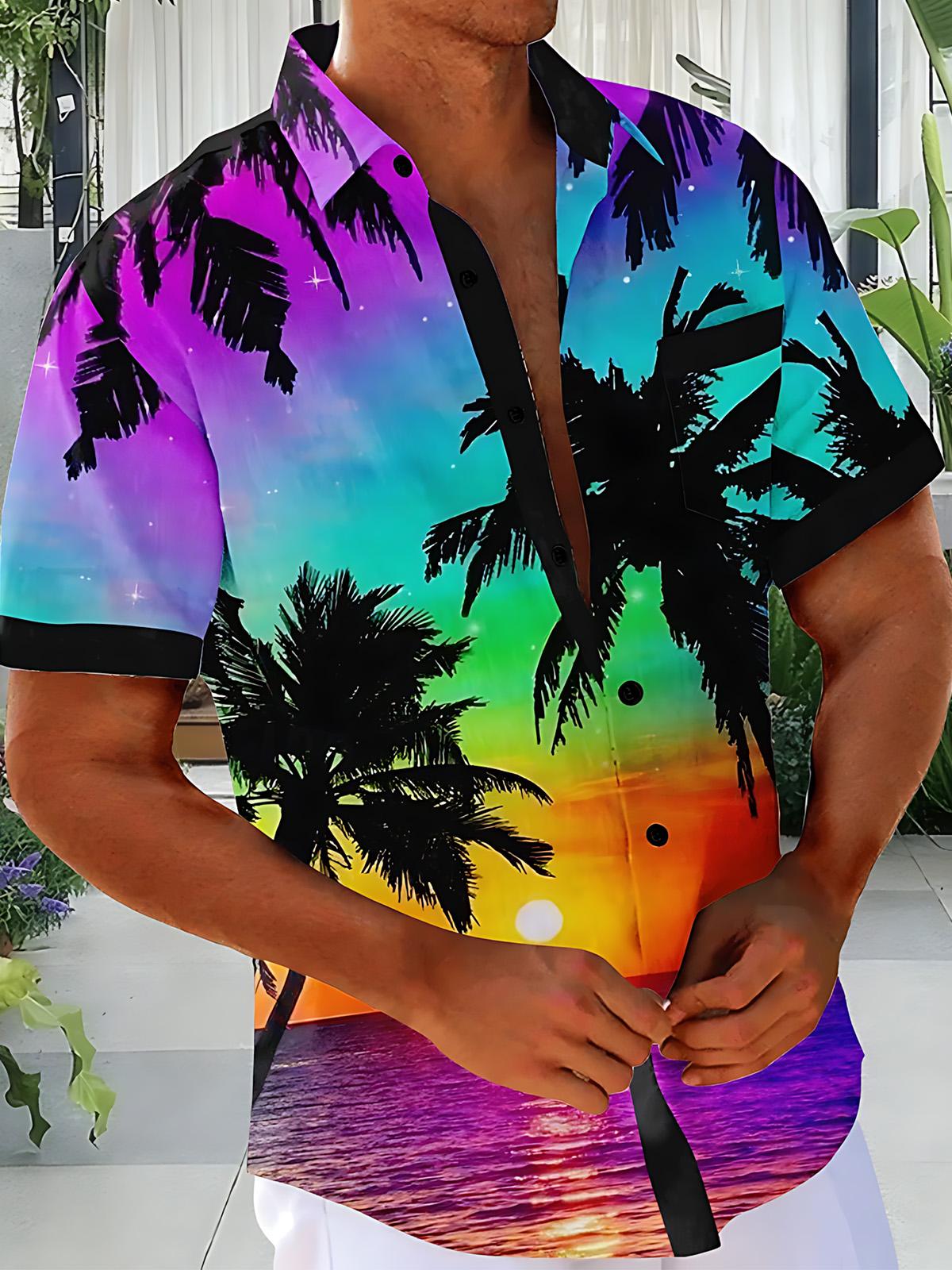 Gradient Coconut Tree Hawaiian Print Men's Pocket Short Sleeve Shirts