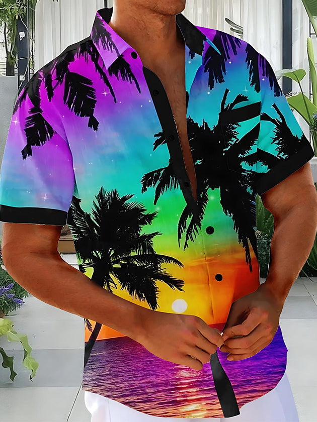 Gradient Coconut Tree Hawaiian Print Men's Pocket Short Sleeve Shirts