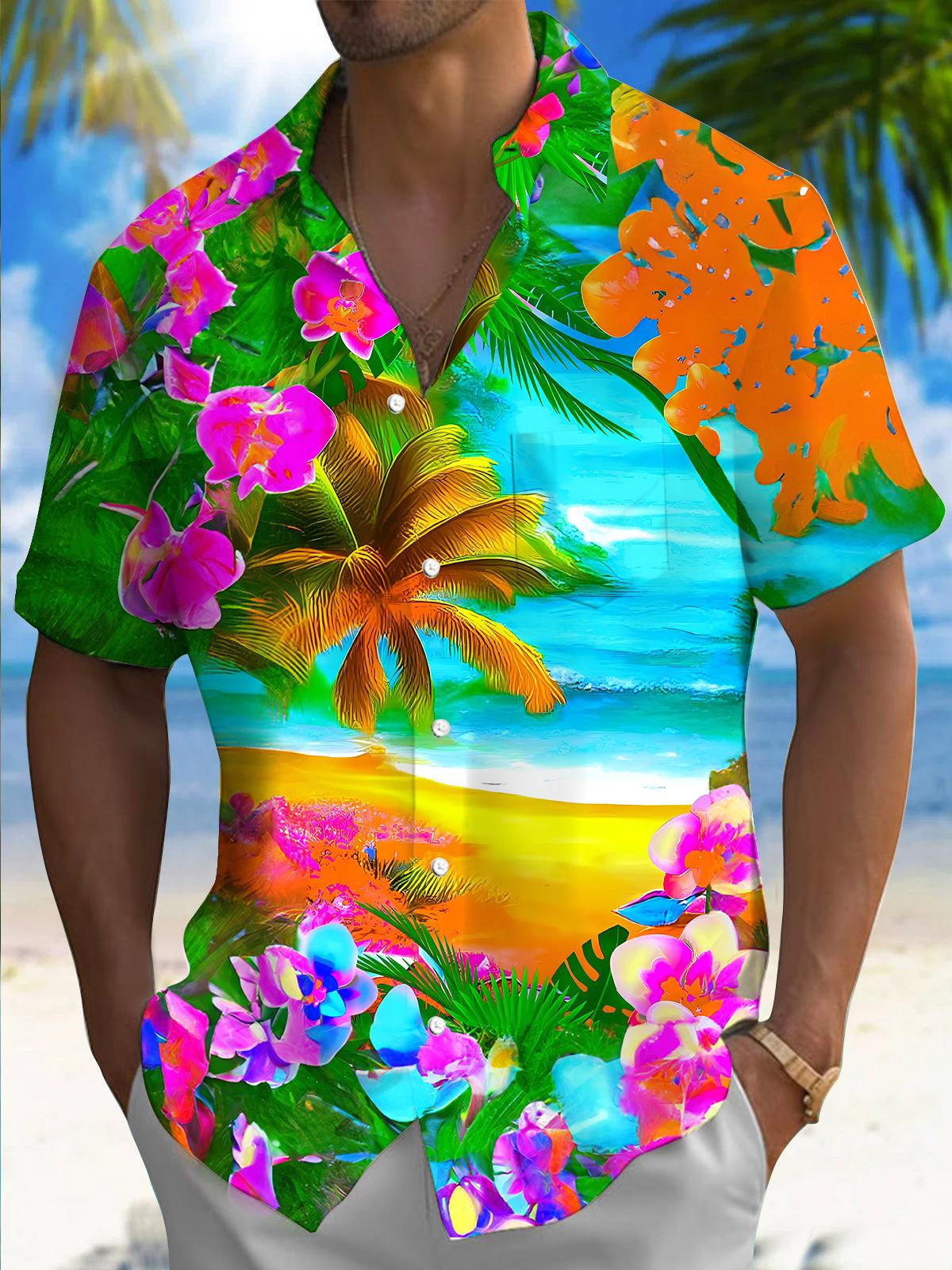 Hawaiian Plants and Flowers Coconut Tree Men's Pocket Short Sleeve Shirts