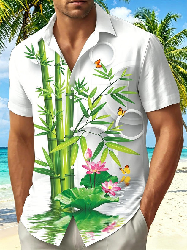 Men's 3D Bamboo Lotus Butterfly Print Short Sleeve Shirt Front View