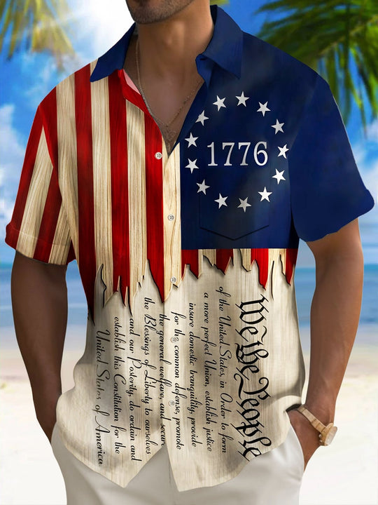 Men's American flag print pocket short sleeve shirt front view Independence Day