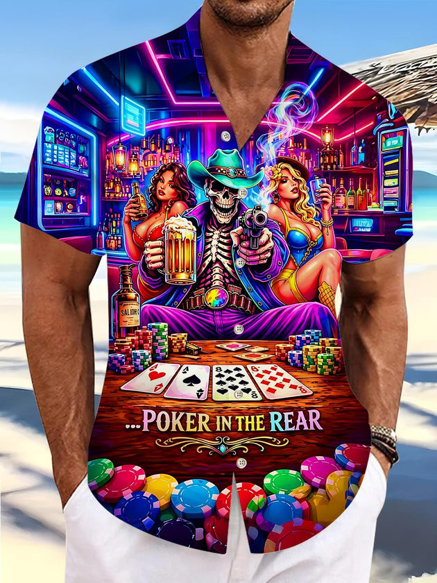 Neon Colorful Bar Skull Skeleton Poker Wine And Beauty Men's Pocket Short Sleeve Shirts