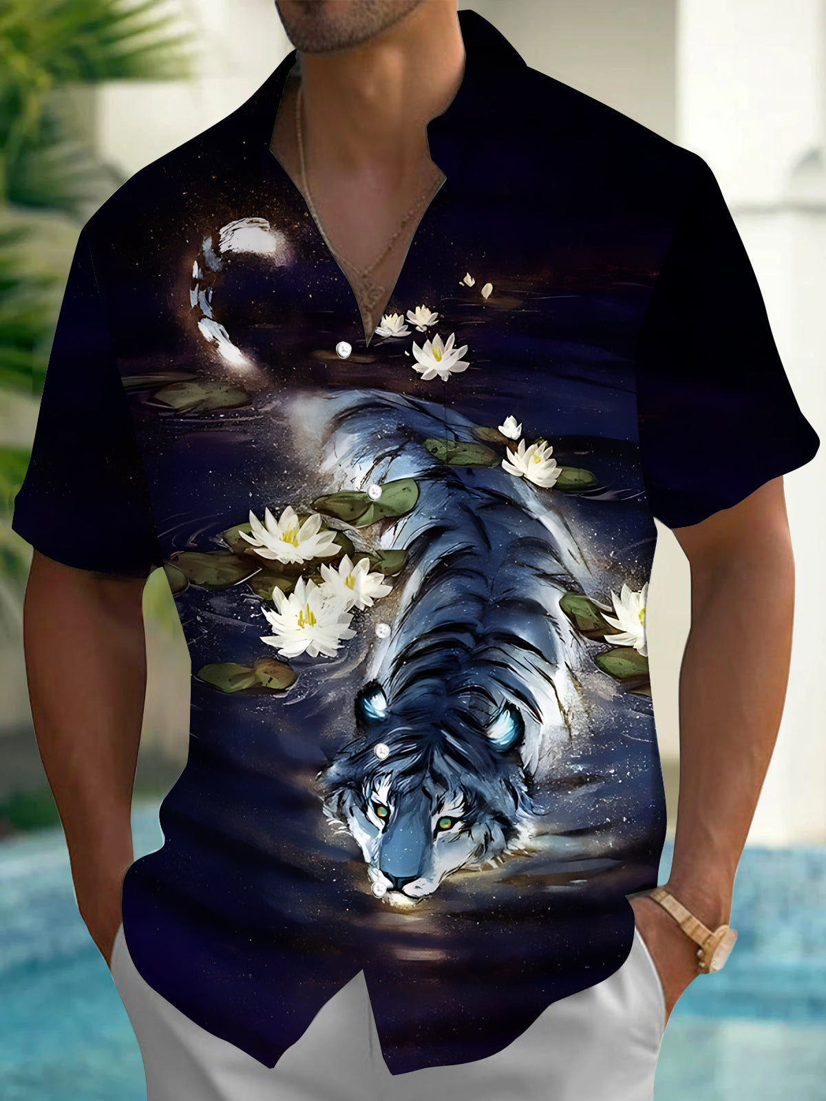 Tiger Lotus Print Men's Pocket Short Sleeve Shirts