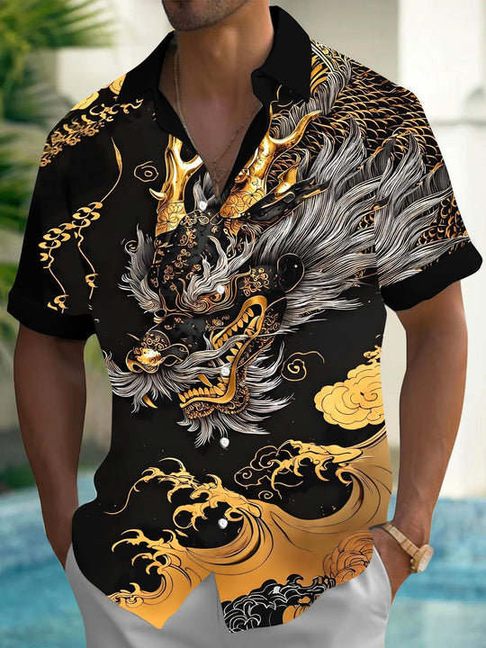 Men's dragon print pocket short sleeve shirt front view