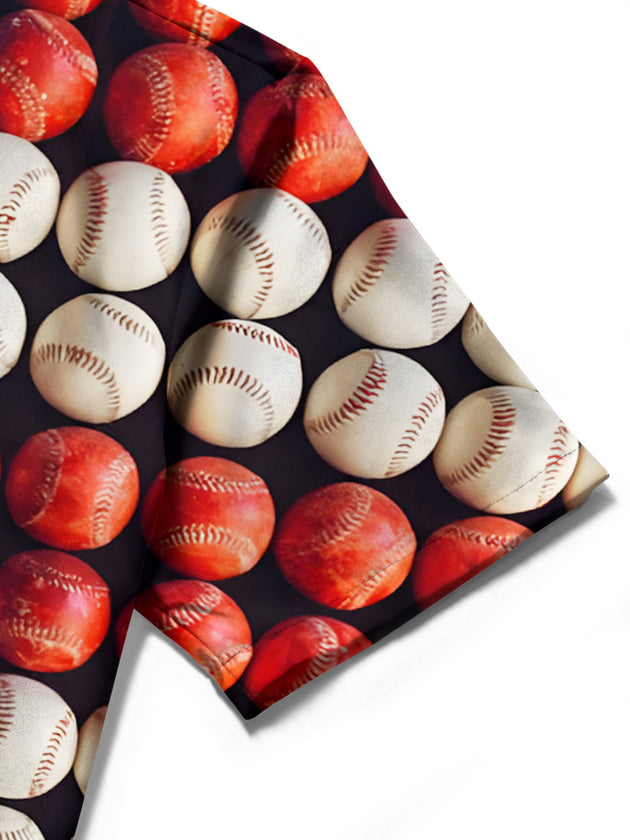 Men's close-up of American flag pattern on pocket of short sleeve shirt, highlighting stitching.