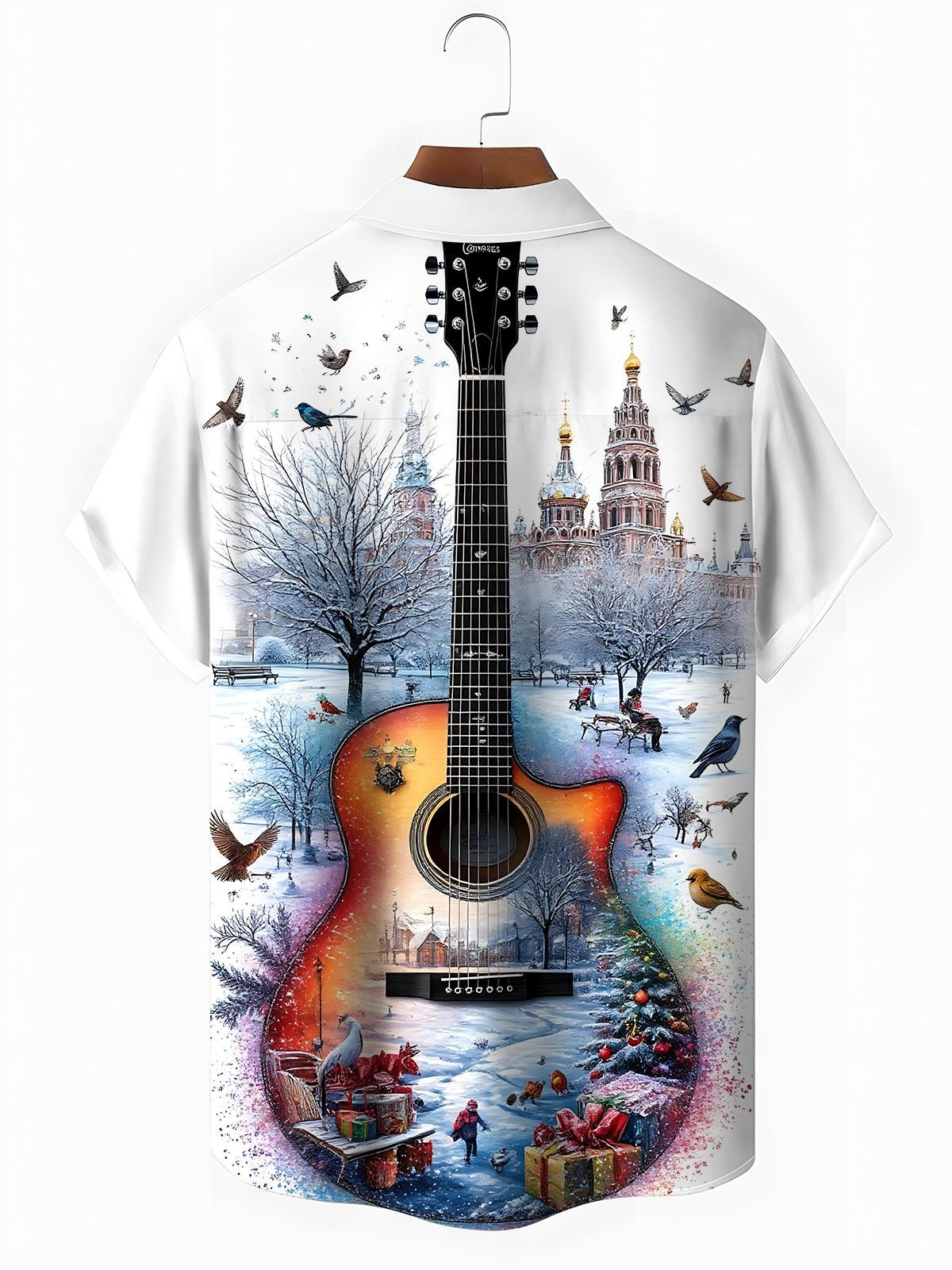 Guitar Building Bird Print Men's Pocket Short Sleeve Shirts