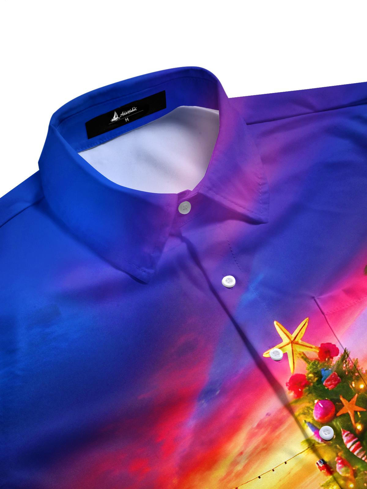 Hawaiian Coconut Trees Christmas Trees Flamingos Sunset Beach Xmas Men's Pocket Short Sleeve Shirts