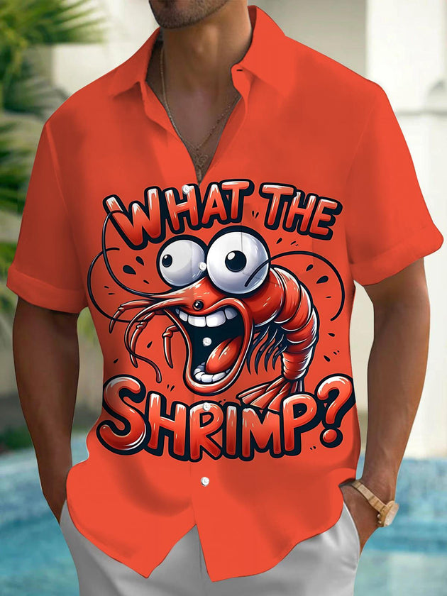 Men's short sleeve shirt with funny shrimp print front view
