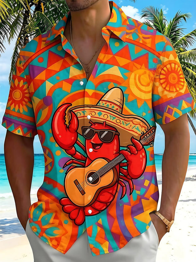 Fun Hawaiian Lobster Guitar Player Men's Pocket Short Sleeve Shirts