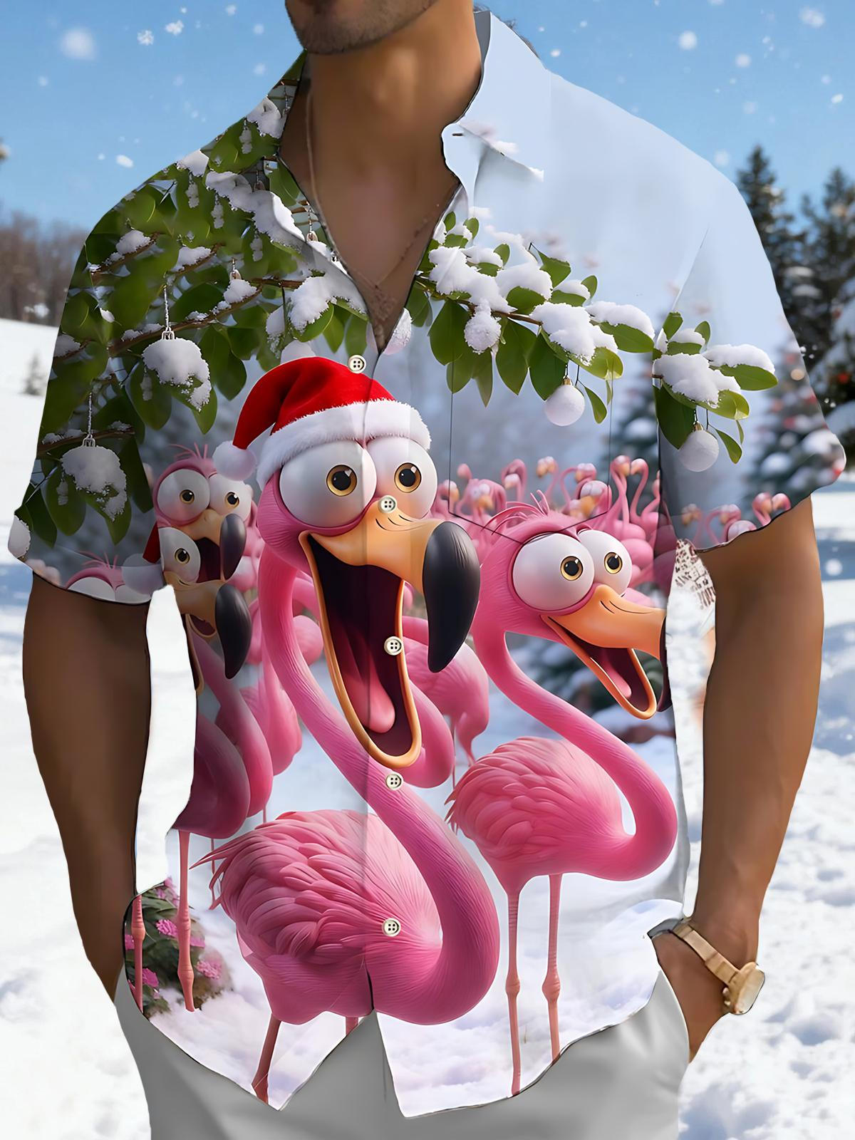 Christmas Flamingo Print Men's Pocket Short Sleeve Shirts