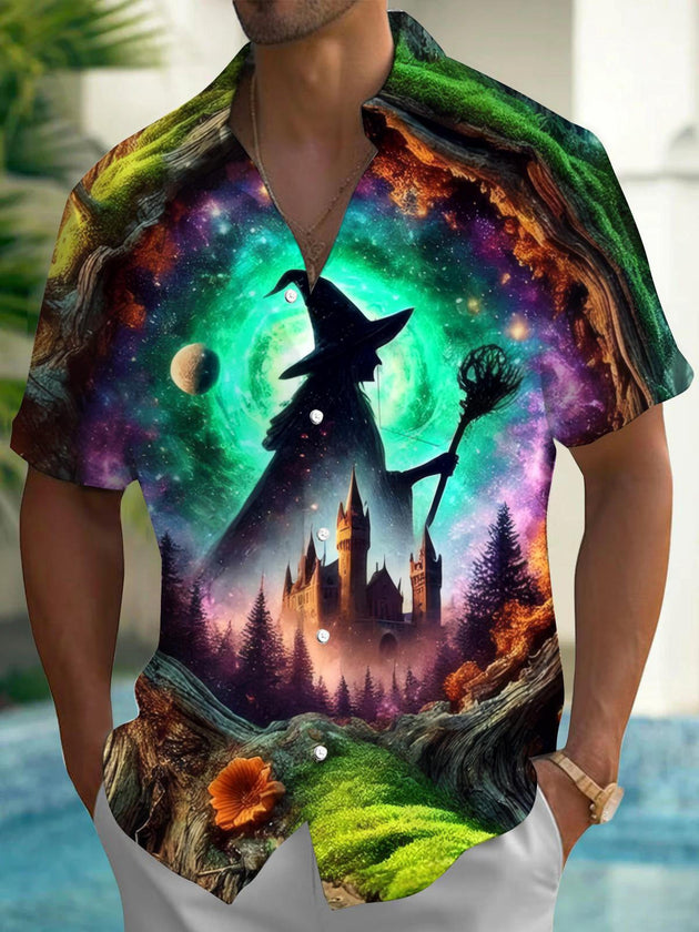 Men's Witch Castle Print Pocket Short Sleeve Shirt Front View Halloween Costume