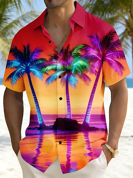 Men Hawaiian coconut tree print short sleeve shirt front view tropical beach vacation