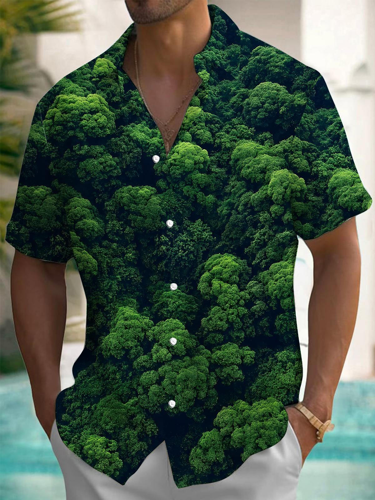 Green Forest Print Men's Pocket Short Sleeve Shirts