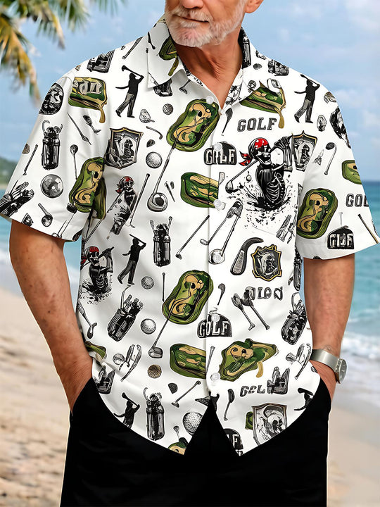 Golf Skull Retro Print Hawaiian Sports Men's Pocket Short Sleeve Shirts