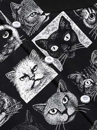 Men's cat print pocket short sleeve shirt close-up detail of fabric texture