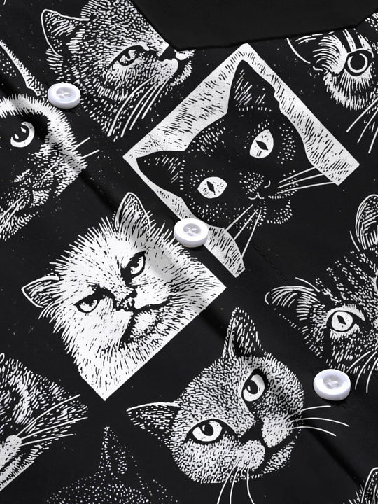 Men's cat print pocket short sleeve shirt close-up detail of fabric texture