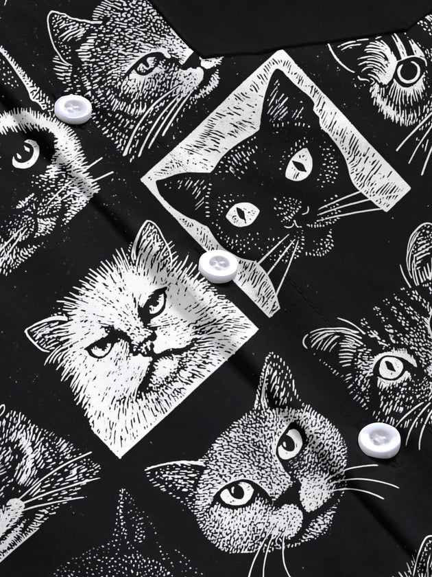 Men's cat print pocket short sleeve shirt close-up detail of fabric texture