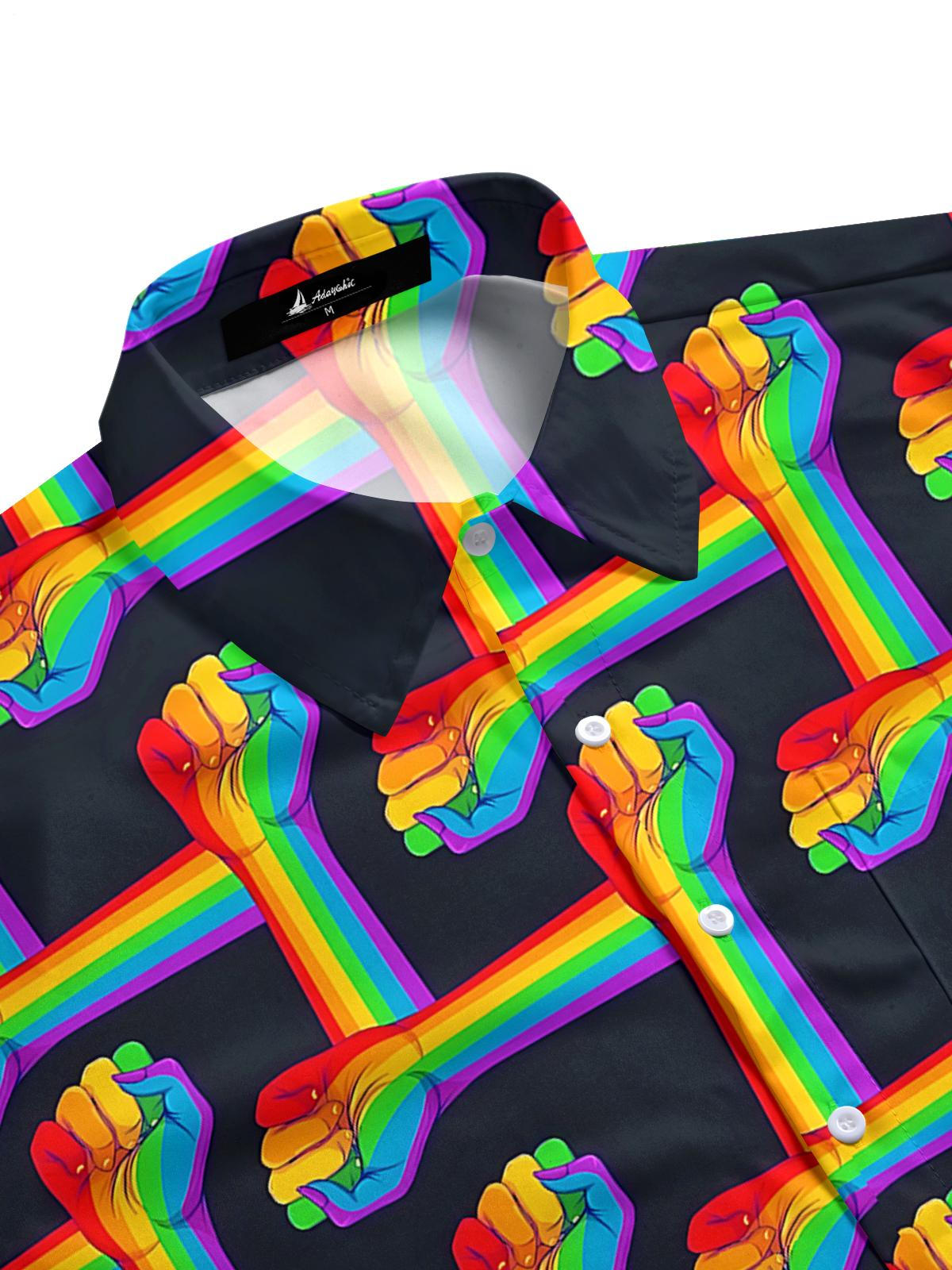 Rainbow Striped Fist Print Men's Pocket Short Sleeve Shirts