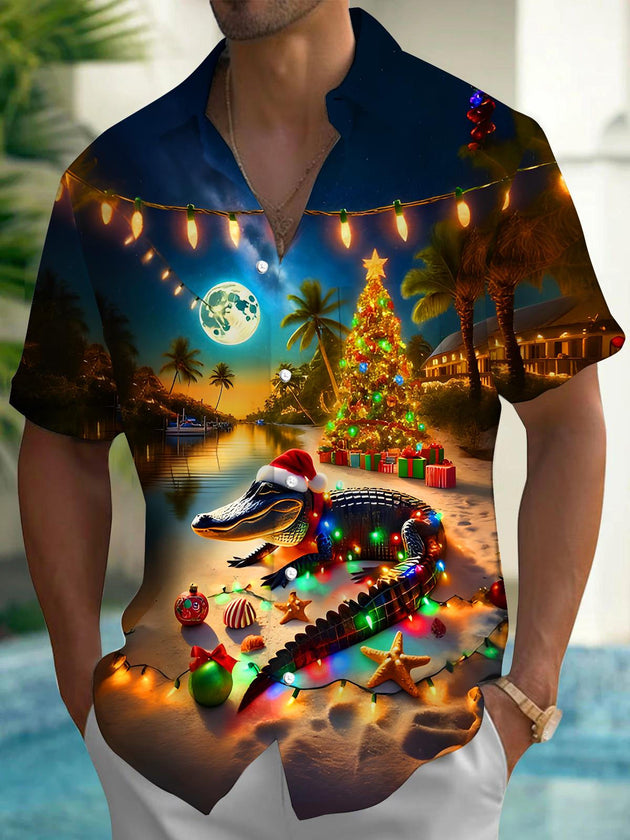 Men's green crocodile Christmas tree coconut tree fairy lights print short sleeve shirt front view for holiday party