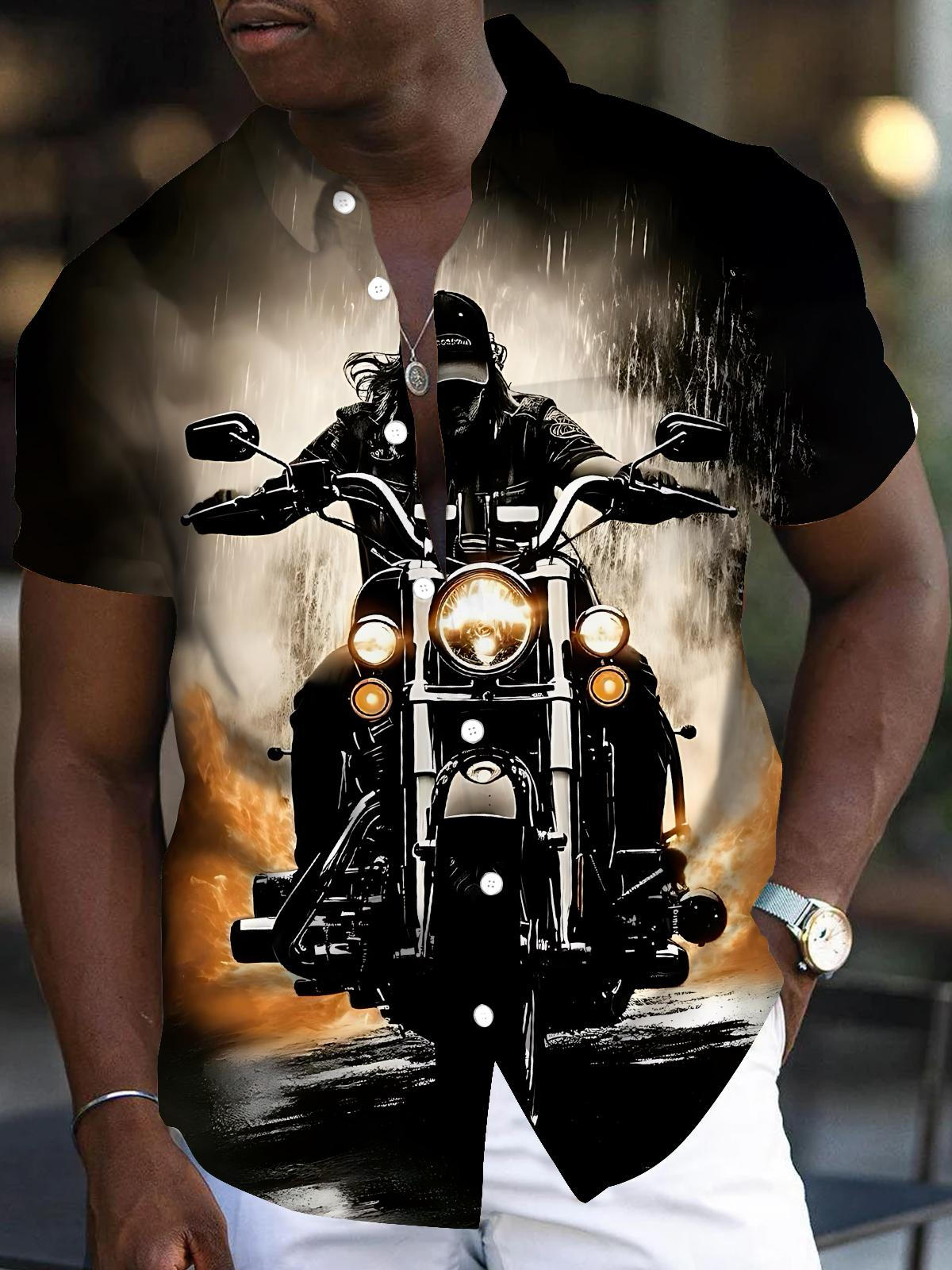 Motorcycle Print Men's Pocket Short Sleeve Shirts
