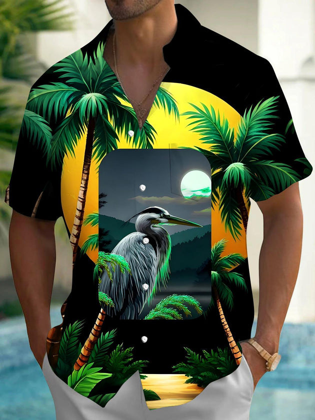 Hawaiian Coconut Tree Parrot Men's Pocket Short Sleeve Shirts