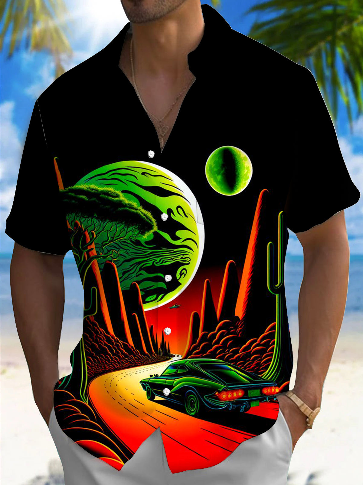 Car Landscape Print Men's Pocket Short Sleeve Shirts