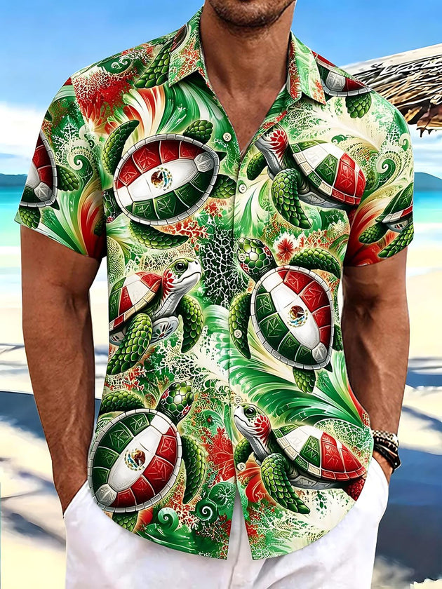 Mexican Turtle Hawaiian Print Men's Pocket Short Sleeve Shirts