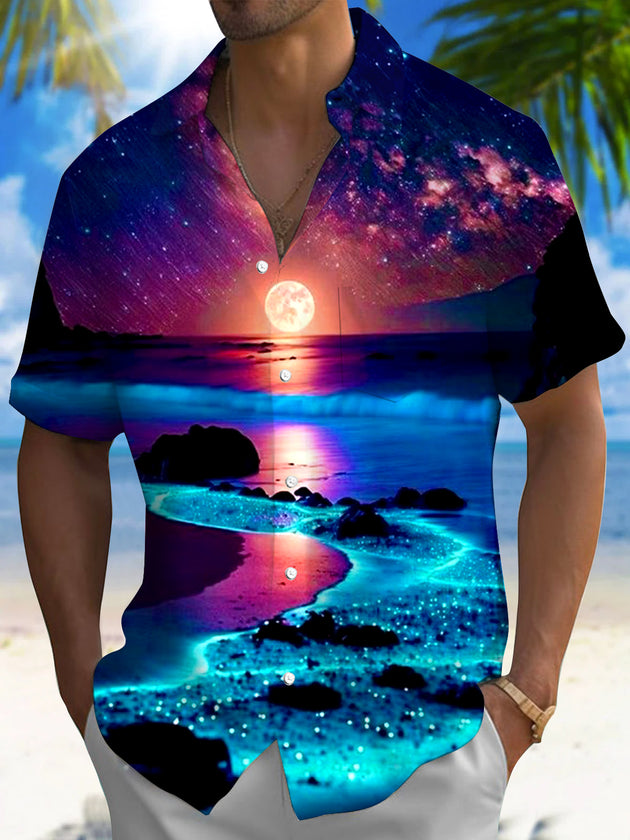 Men's blue Hawaiian short sleeve shirt front view for beach vacation
