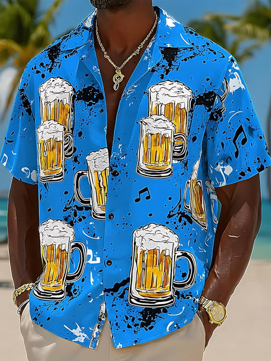 Beer Print Men's Pocket Cuban Collar Short Sleeve Shirt