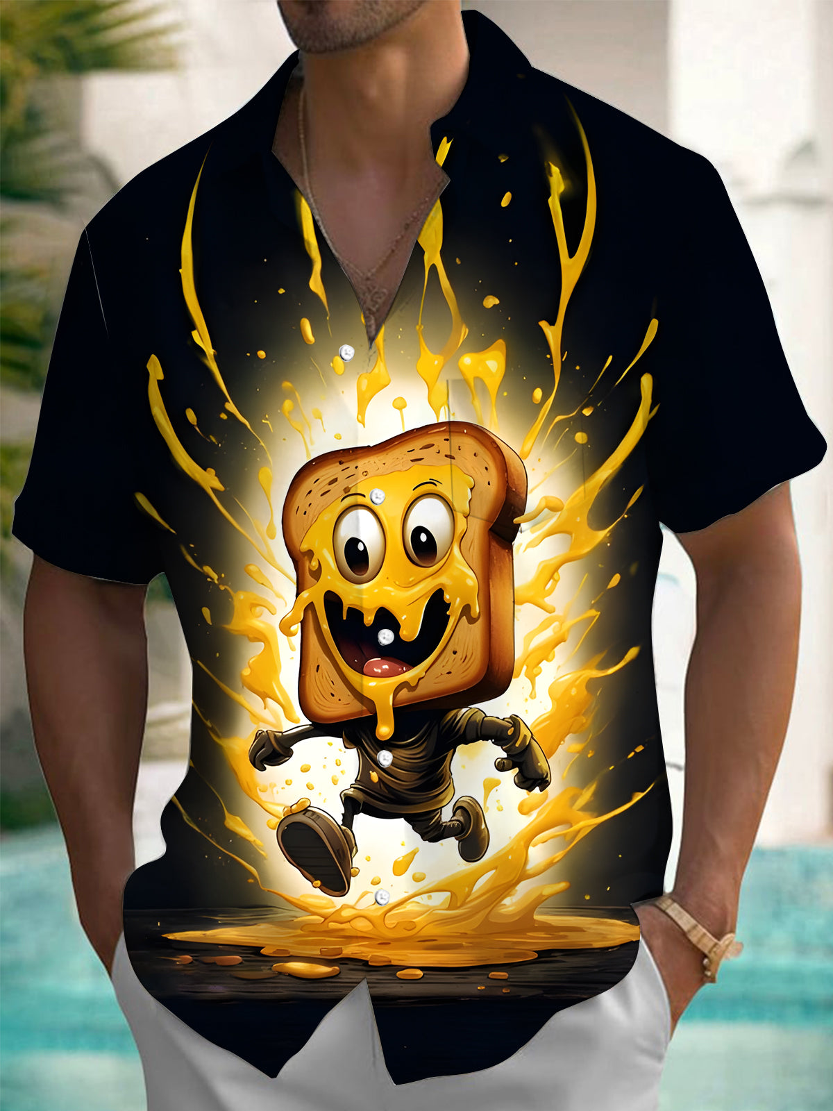 Funny Toast Print Men's Pocket Short Sleeve Shirts