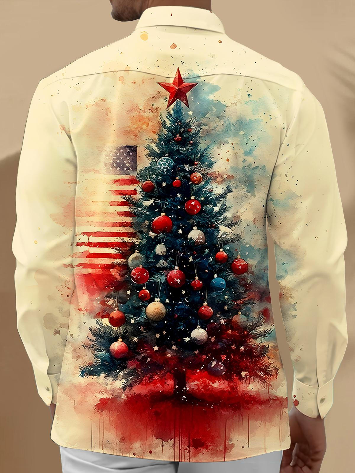 Christmas Tree American Flag Men's Pocket Long Sleeve Shirts