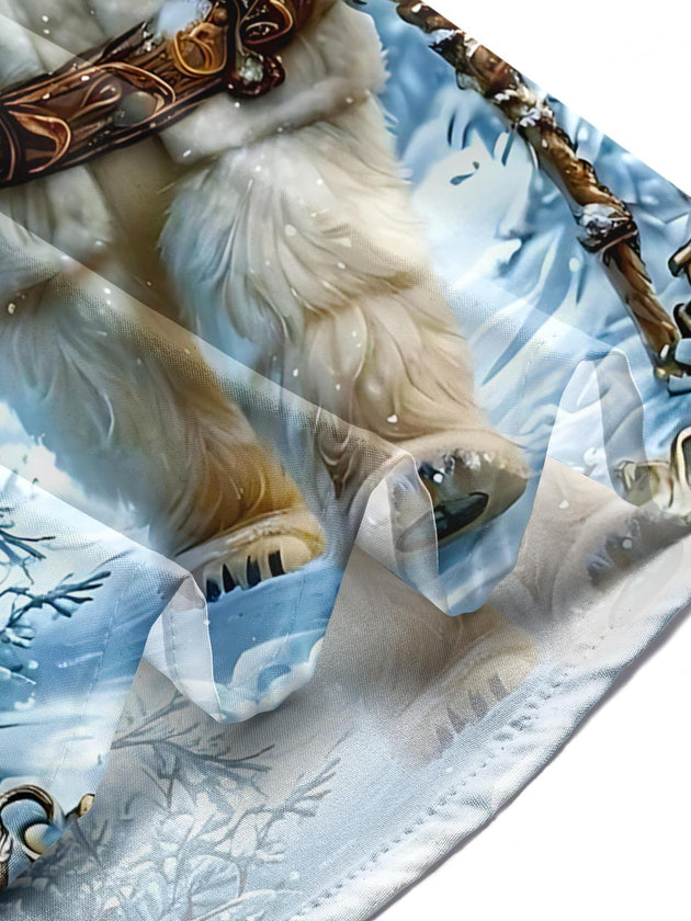 Men's Christmas tree polar bear print short sleeve shirt lifestyle shot at Christmas holiday party